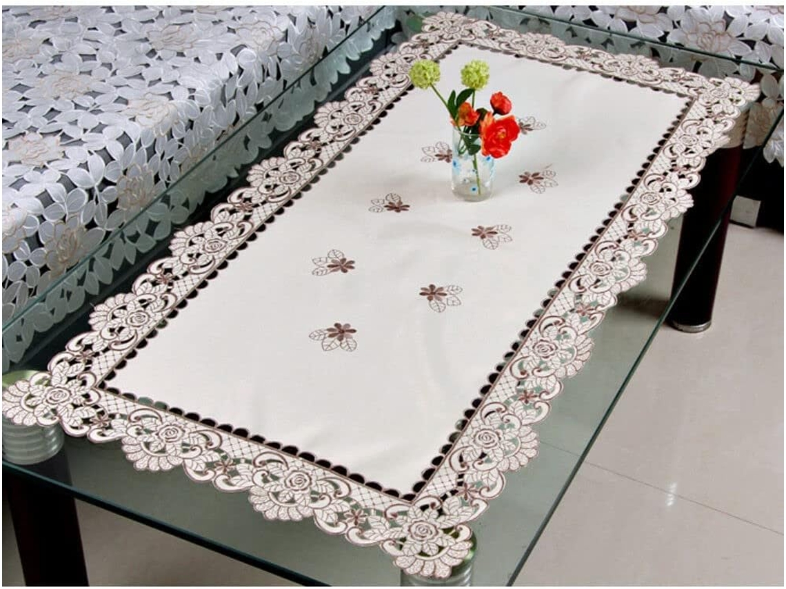 Camino de mesa blanco con bordado de encaje - Mantel floral para fiesta de bodas