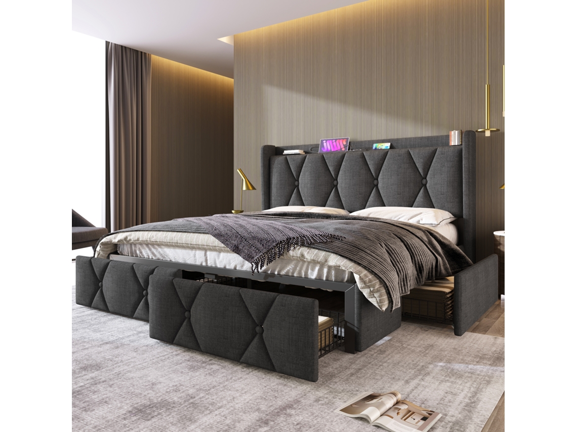 Cama 140x200 Cm Con 4 Cajones, Led, Usb, Almacenamiento Integrado, Gris, Sin Colchón.