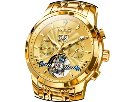 VEANXIN Reloj hueco automático para hombre Calendario clásico Reloj de acero inoxidable resistente al agua(oro)