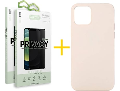 Carcasa + 2 Protectores de Vidrio Anti-Spy iPhone 13 Pro Max ACCETEL Silicona Líquido Rosa Crema