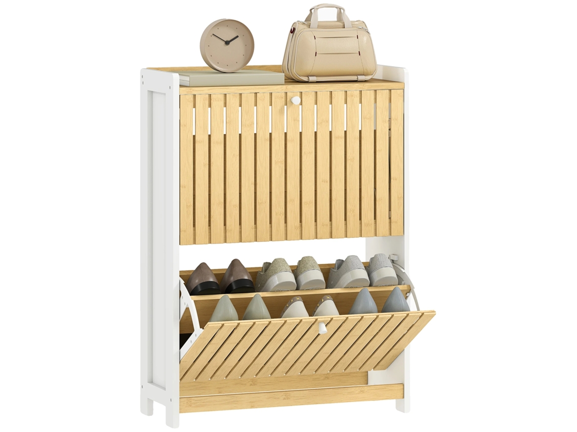 Zapatero, estructura de bambú, estantes ajustables, 60x24x82,5 cm, blanco