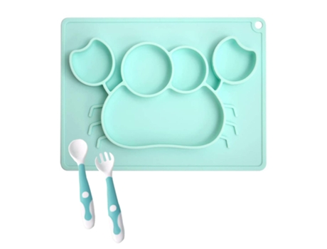 Plato de tapete para comer para bebés con juego de cuchara y tenedor - Mantel individual antideslizante de silicona para bebés con ventosa para niñ...