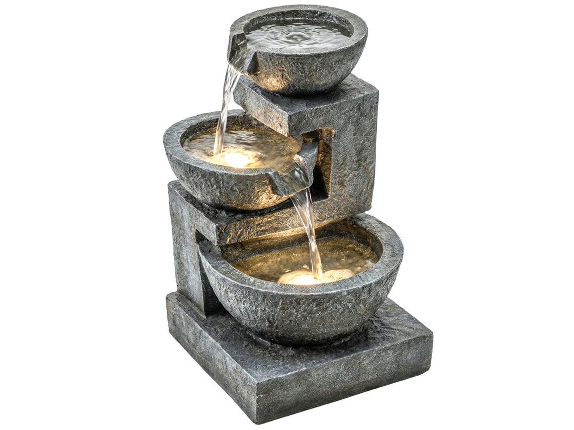 Fuente de jardín de 3 niveles con iluminación LED y base de piedra. Ajustable. 40 x 37 x 61 cm.
