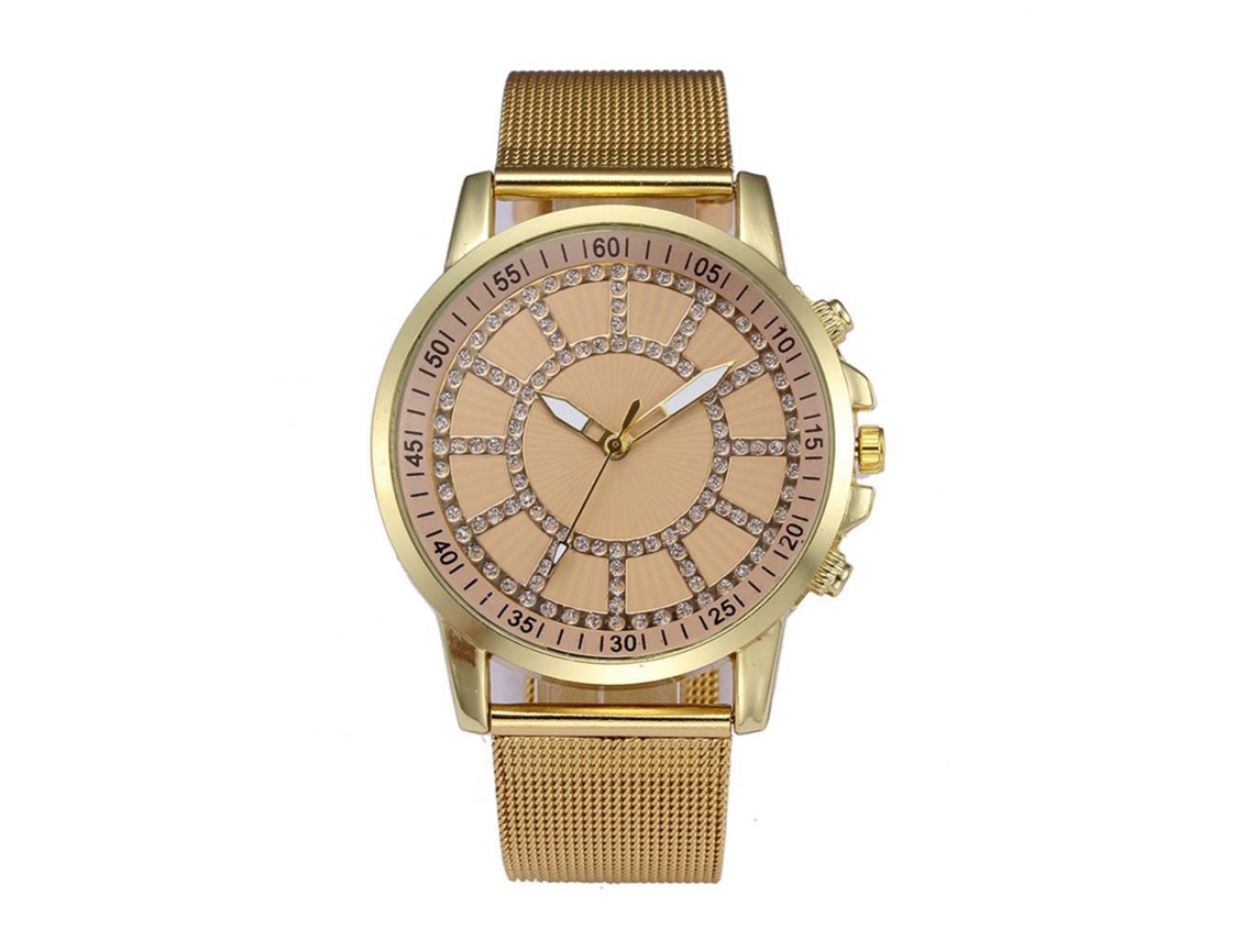 Reloj Cuarzo Unisex Con Cinturón De Alambre De Aleación Y Piedras Strass Dorado