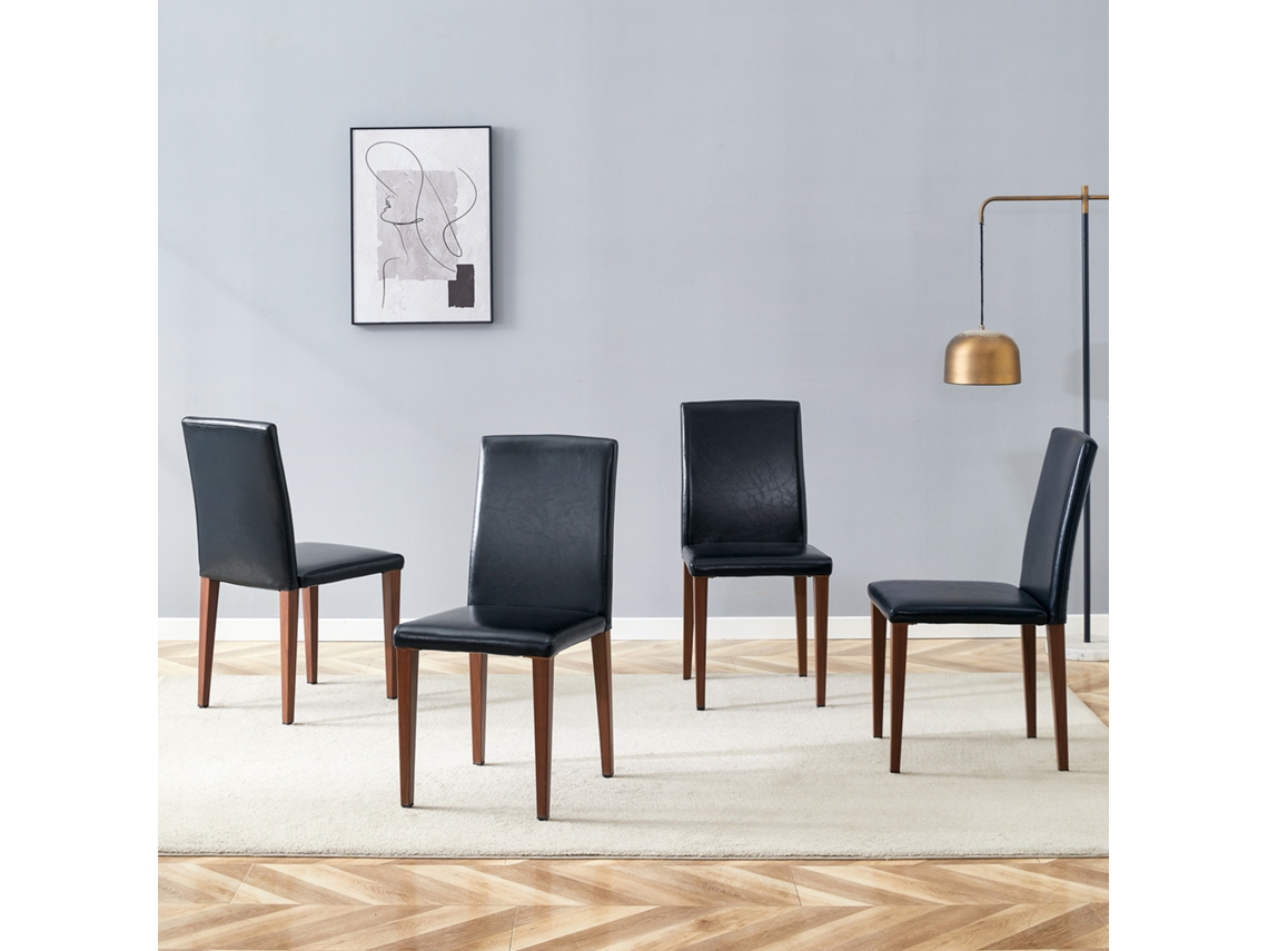 Sillas De Comedor Set De 4 - Diseño Minimalista, Asiento De Pu Negro Y Patas Metálicas Efecto Nogal - Nogal+negro