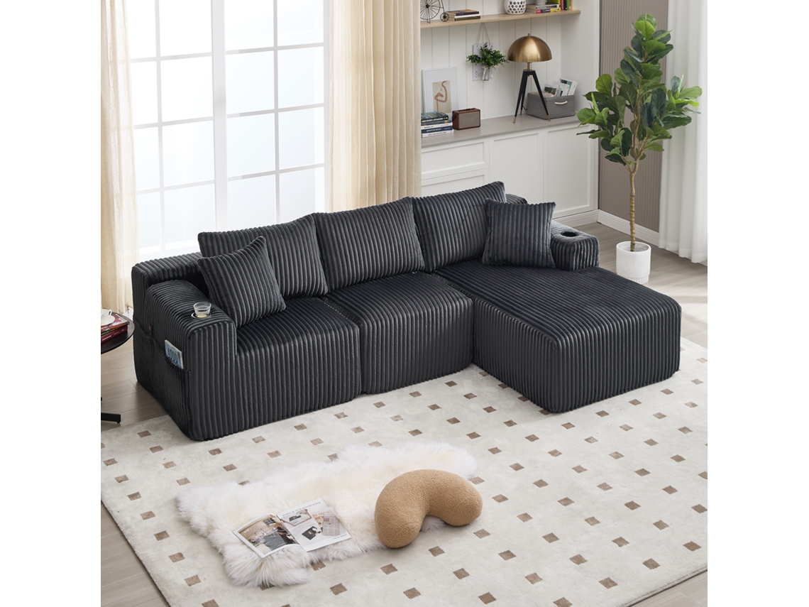 Sofá Modular Con Chaise Longue Para 2 Personas, Tejido De Pana, 5 Cojines, Bolsillos Laterales, Portavasos, Color Gris
