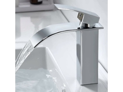 JILLIOPER Elegante grifo de baño de cascada, mango de latón sólido 1 orificio, acabado cromado pulido para lavabo de baño montado en la cubierta