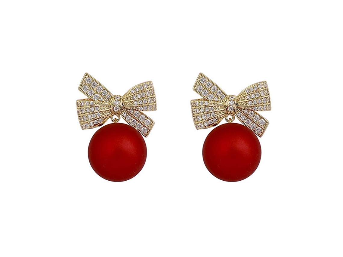 Pendientes Colgantes Navideños Con Lazo Y Perla De Cristal, Un Precioso Regalo Para Mujer.