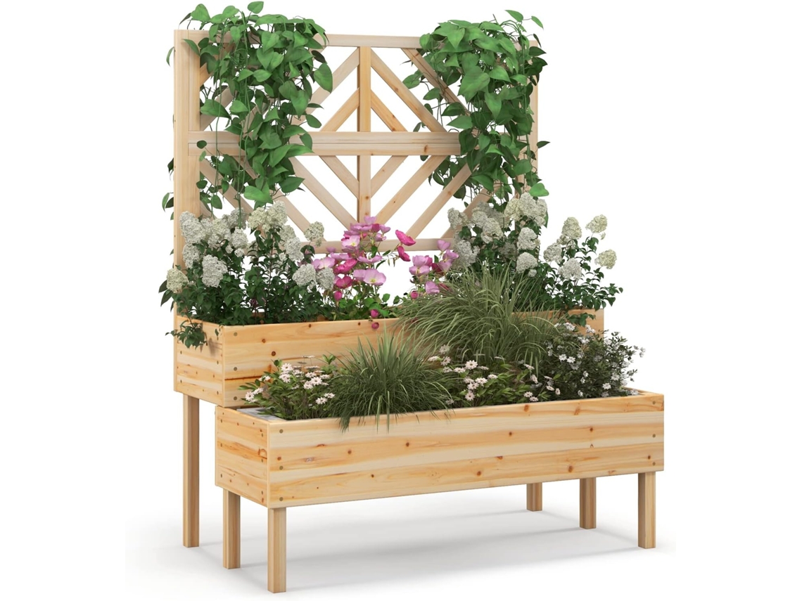 Cama Elevada de Jardín de 2 Niveles con Enrejado, Caja de Cultivo Elevada de Madera con Patas, Agujero de Drenaje COSTWAY