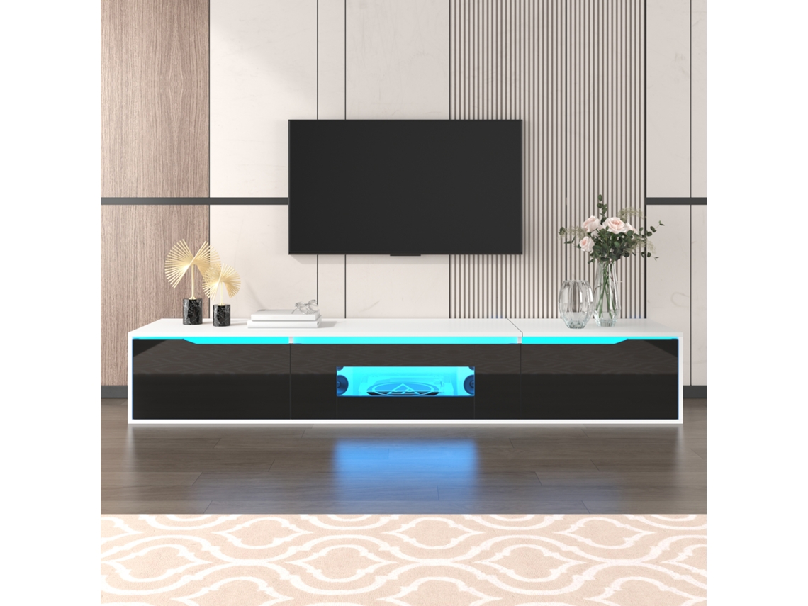 Mueble de TV de 180 x 35 x 30 cm, acabado brillante, con iluminación LED de 16 colores, montaje en pared, estilo blanco y negro