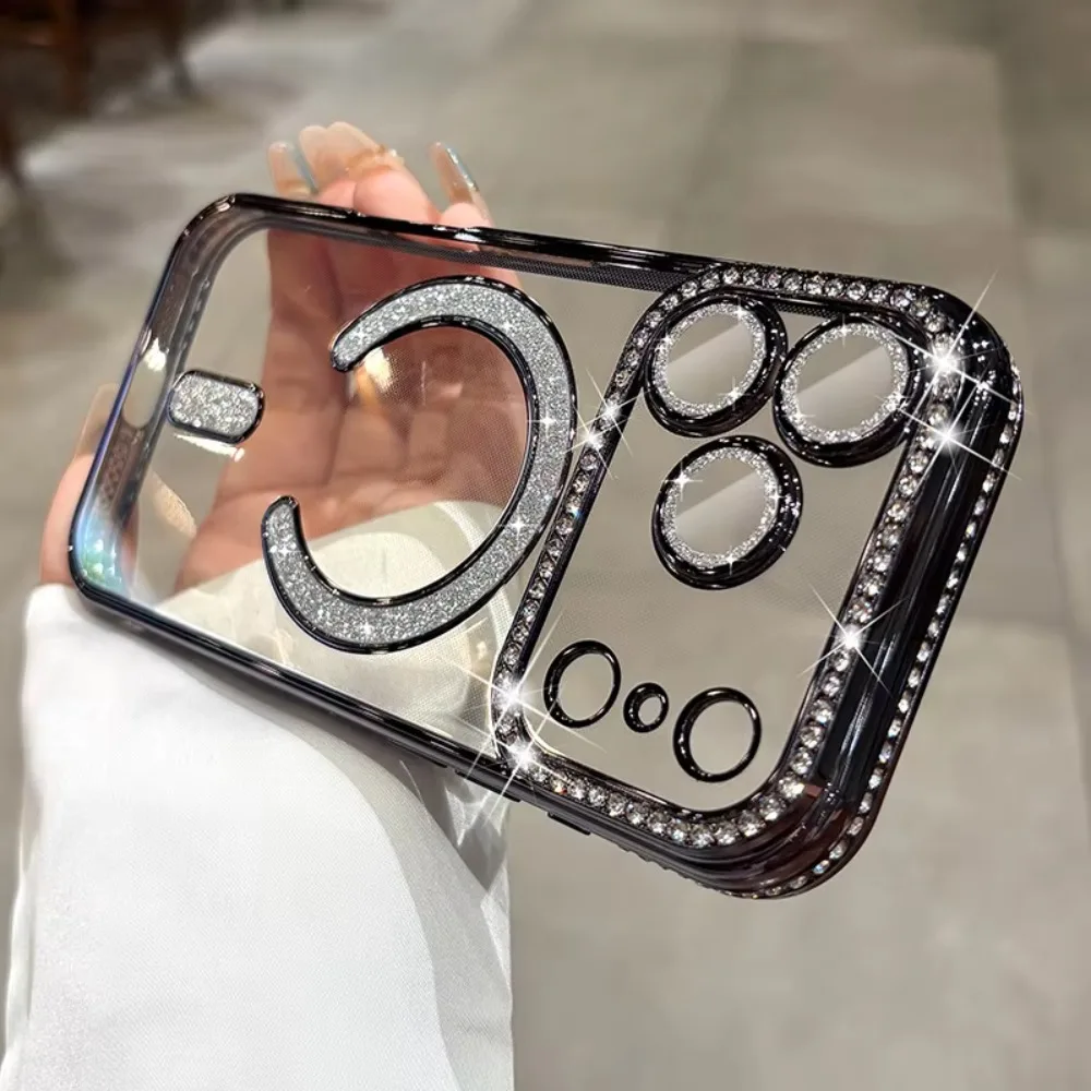 (iphone17, Negro) Funda De Succión Magnética Para Iphone, Funda Transparente Suave Flash Diamond, Funda Protectora De Cámara Completa