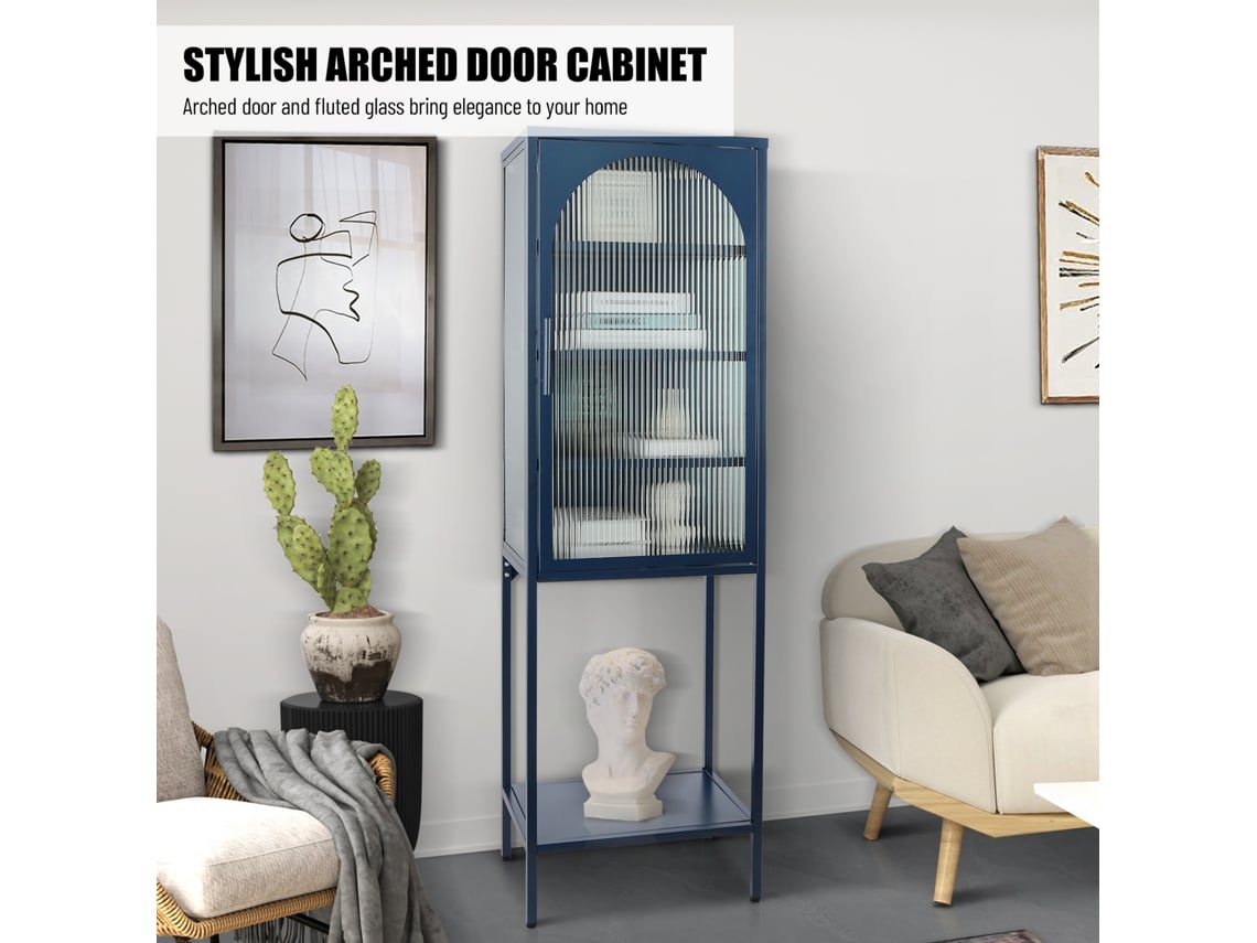 Elegante gabinete alto de vidrio templado con puerta arqueada, estantes y patas ajustables, antivuelco, antipolvo, vidrio estriado, para cocina, credenza