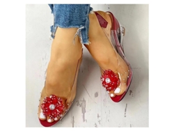 Sandalias De Cuña Transparentes Con Flores Y Pedrería Para Mujer - Rojas, Ideales Para Fiestas De Verano En La Playa.