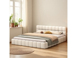 Cama doble de 140 x 190 cm con respaldo mullido, tapizada, con borde acolchado, somier de láminas, tela de lino, color beige, sin colchón. Rosahqnda