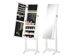 Espejo de pie ajustable para joyas con compartimentos para pendientes, anillos y collares, 46x36,5x151,5 cm, blanco.