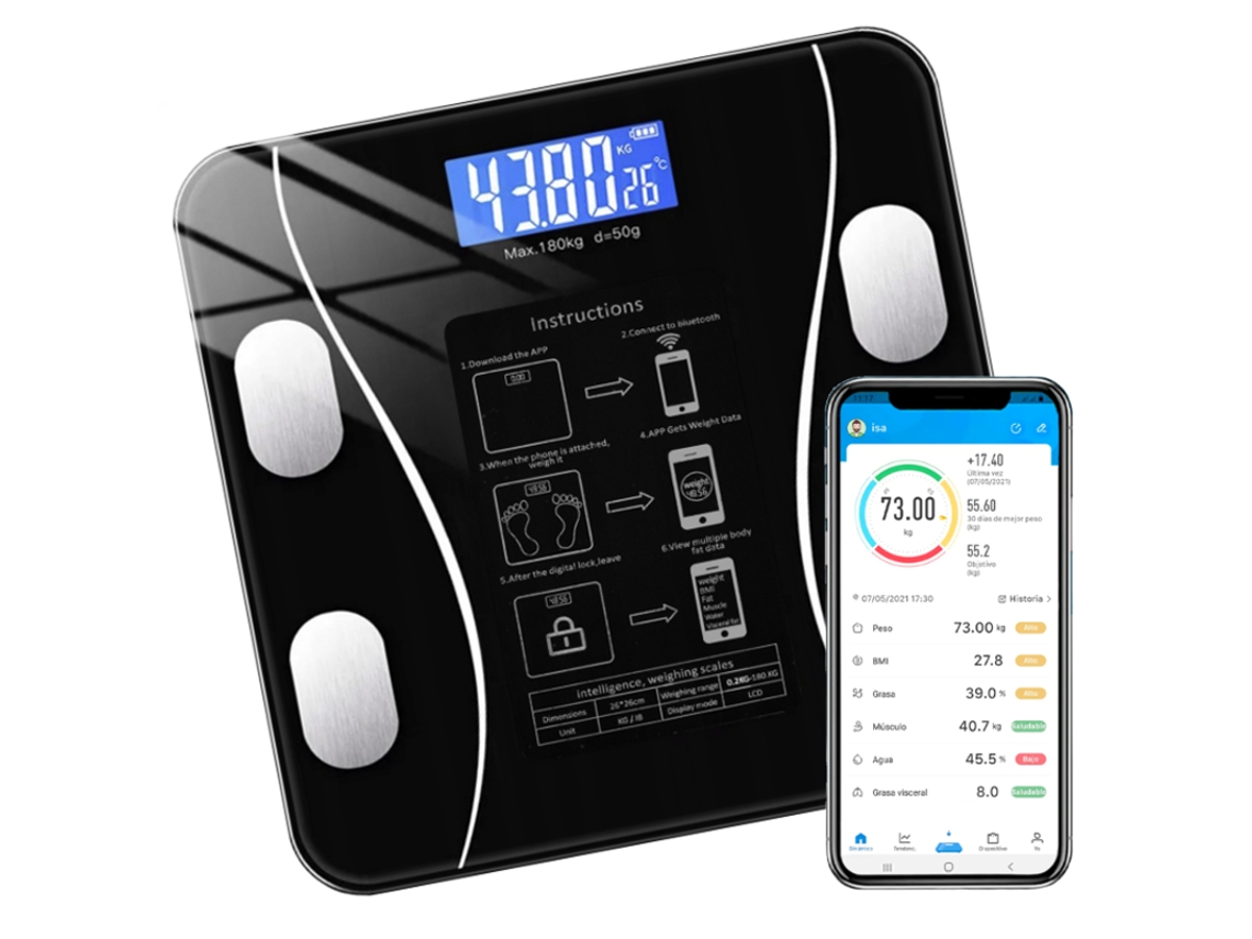 Báscula de baño inteligente Mdug con Bluetooth, pantalla de temperatura, báscula digital inteligente que puede medir 8 parámetros diferentes.