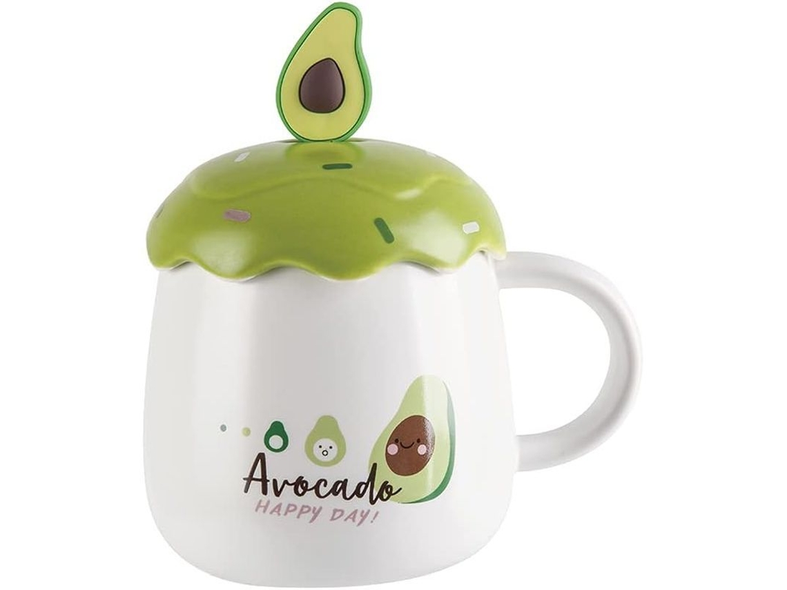 2026da-taza De Cerámica Con Tapa Y Cuchara Avocado Diseño Creativo Para Café Té Latte Microondas Lavavajillas 9 Oz