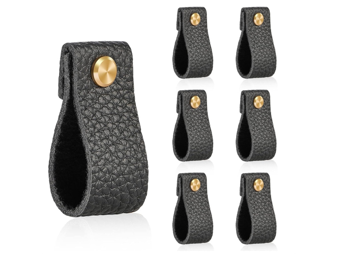 Juego de 6 tiradores de piel negra de 18×2,5 cm. Elegantes tiradores para armarios, cajones y puertas. Tommy01