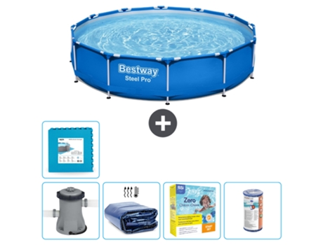 Piscina BESTWAY Round Steel Pro - 305 x 76 cm - Azul - Bomba incluida Vela solar - Paquete de mantenimiento - Filtrar - Baldosas