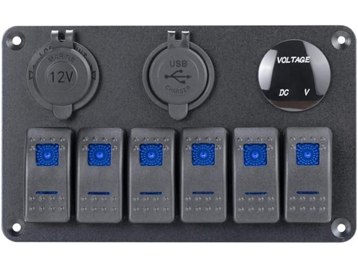 Panel De Interruptores Basculantes Impermeables De 6 Vías Y 12 Voltios Para Embarcaciones, Iluminado Por Led Azul.
