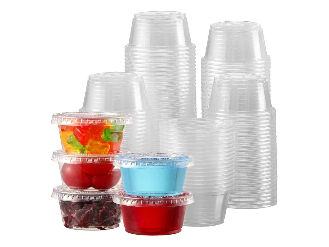Vasos desechables multiusos de plástico con tapa para controlar las porciones, recipientes pequeños para shots de gelatina, vasos para salsas y tapas Herm.