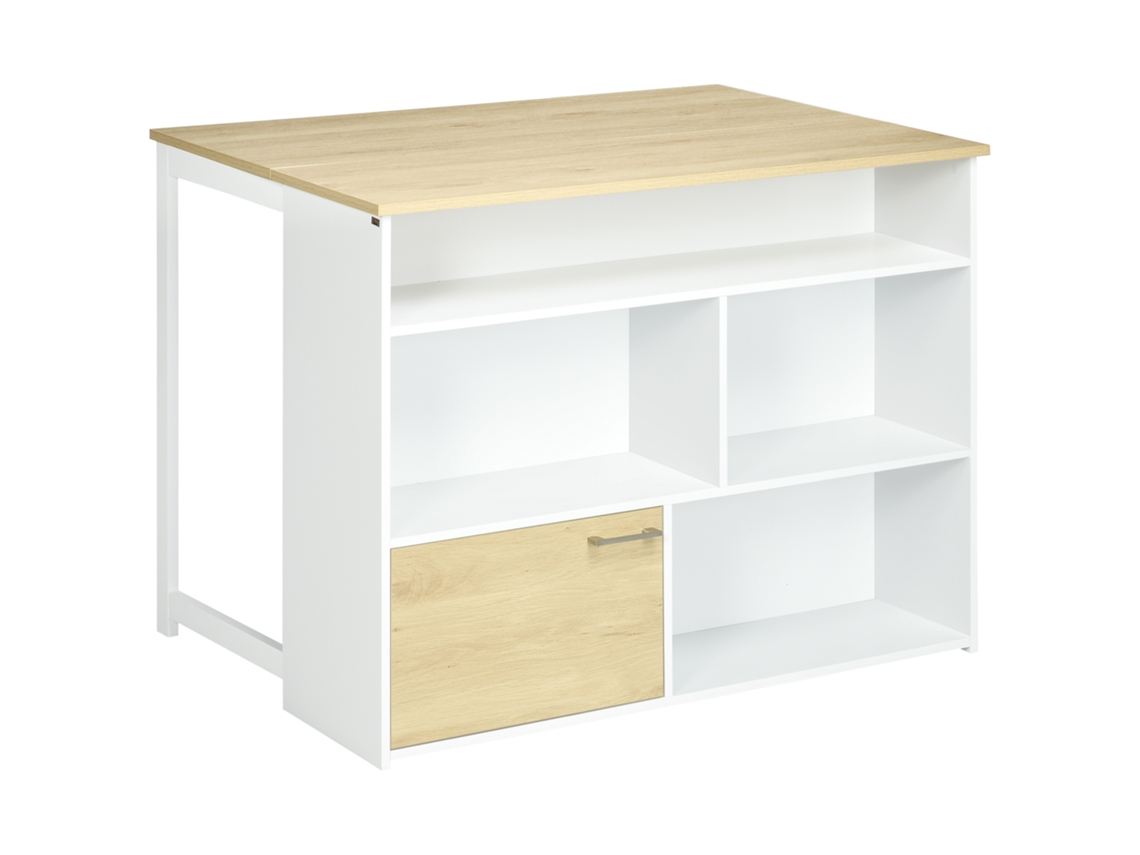 Mesa alta extensible con laterales plegables, mesa de bar con compartimentos de almacenamiento y 1 armario, 116 x 79,5 x 91 cm, blanca.