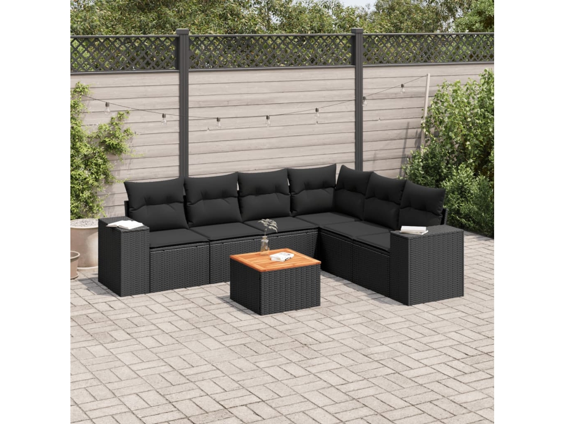Conjunto de sofá de jardín de 7 piezas con cojines, ratán negro, Dkd Home Decor