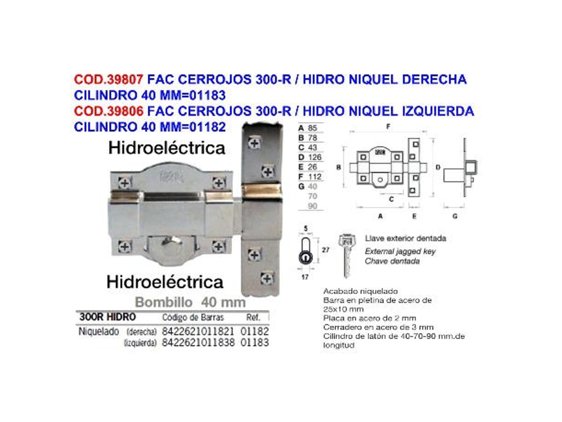 Fac cerrojos 300-r - hidro niquel izquierda cilindro 40 mm 01183
