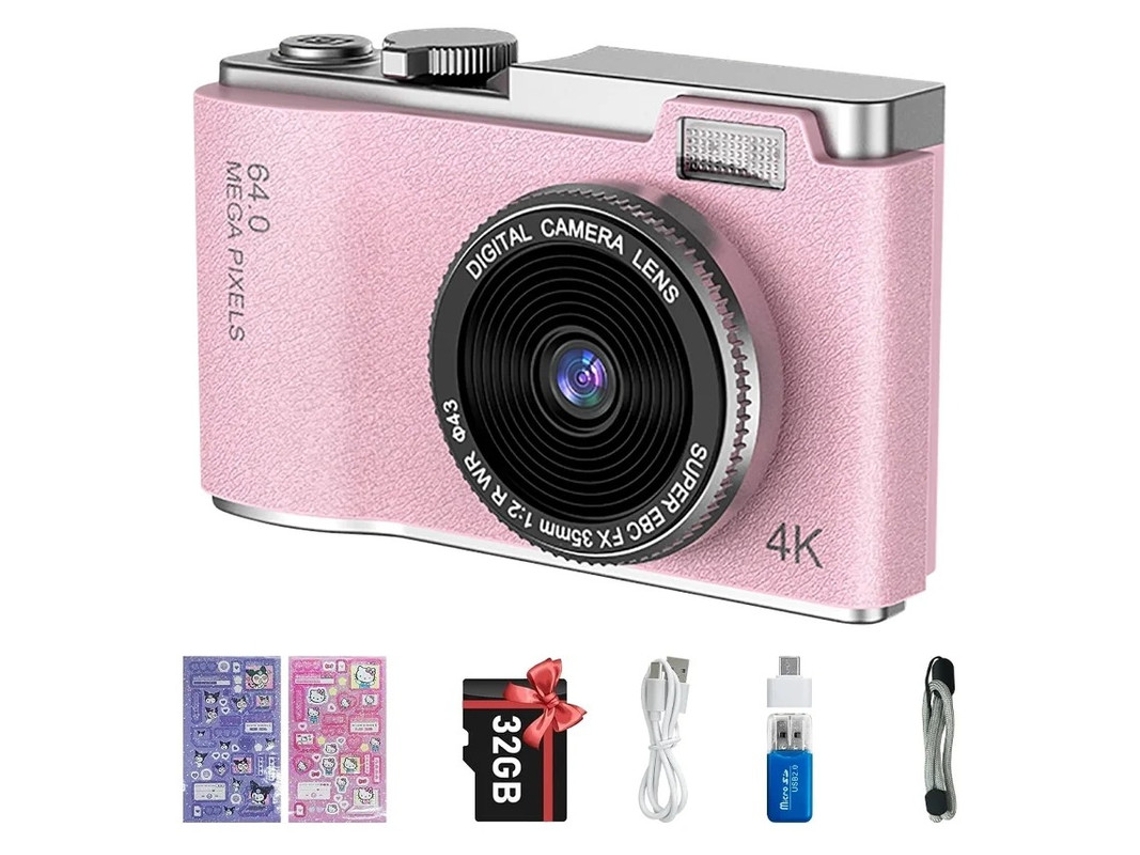 Mini cámara compacta 4K HD, cámara digital de 24 pulgadas, tela, 32 g, rosa, Yizhood