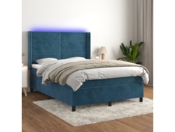 Cama Box Spring Colchón Y Led Terciopelo Azul Oscuro 140x190 Cm