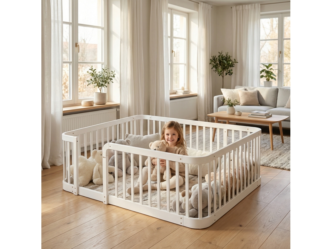 Parque Infantil Modular Para Bebés, Blanco, 140 X 200 Cm, Barras Antideslizantes De 7 Cm, Puerta.