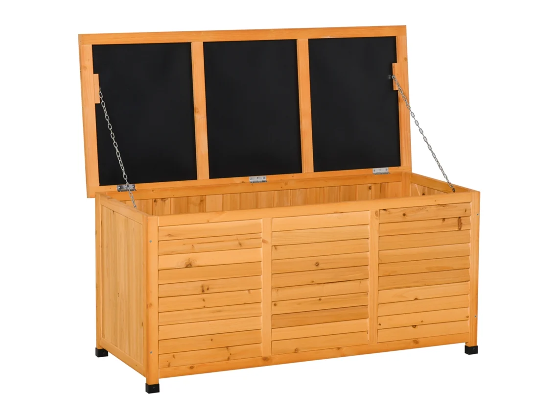 Baúl de almacenamiento exterior, madera, tapa abatible, rejilla de ventilación, 127x56x60, natural
