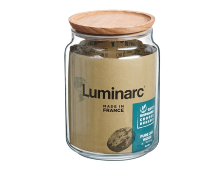 LUMINARC Pure Jar - Bote Hermético Redondo de 2L en Vidrio con Tapa de Madera