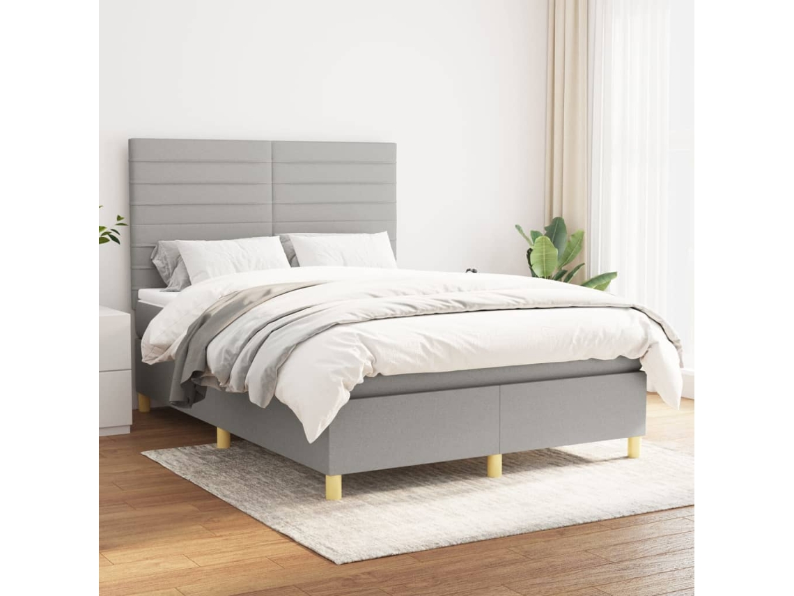 Cama Box Spring Con Colchón Tela Gris Claro 140x190 Cm