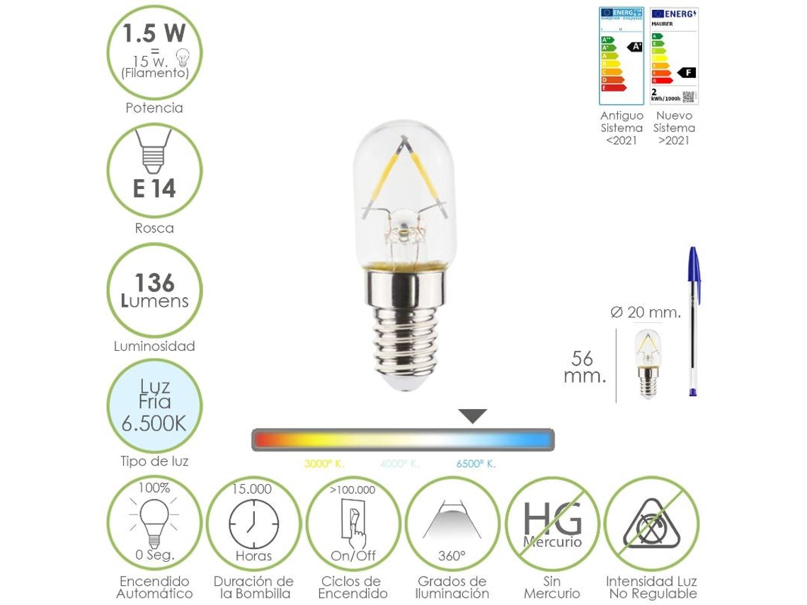 Bombilla led frigorifico rosca e14. 1.5 watt. equivale a 15 watt. 136 lumenes. luz fria (6500  k.)