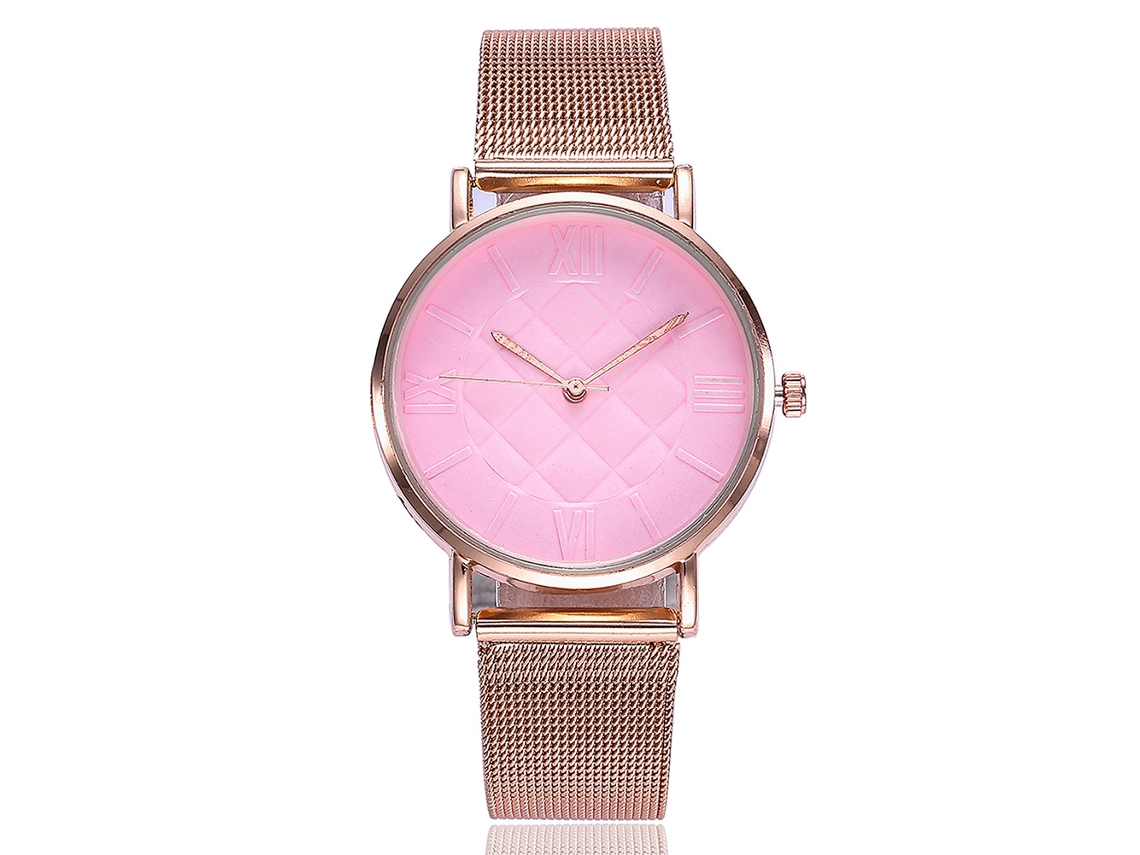 Reloj De Mujer Vansvar Con Correa De Malla, Diseño De Cuarzo, Esfera Redonda, Rosa, Moda