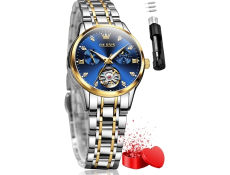 VEANXIN Reloj mecánico delgado impermeable de acero inoxidable dorado y plateado automático para mujer(esfera azul)