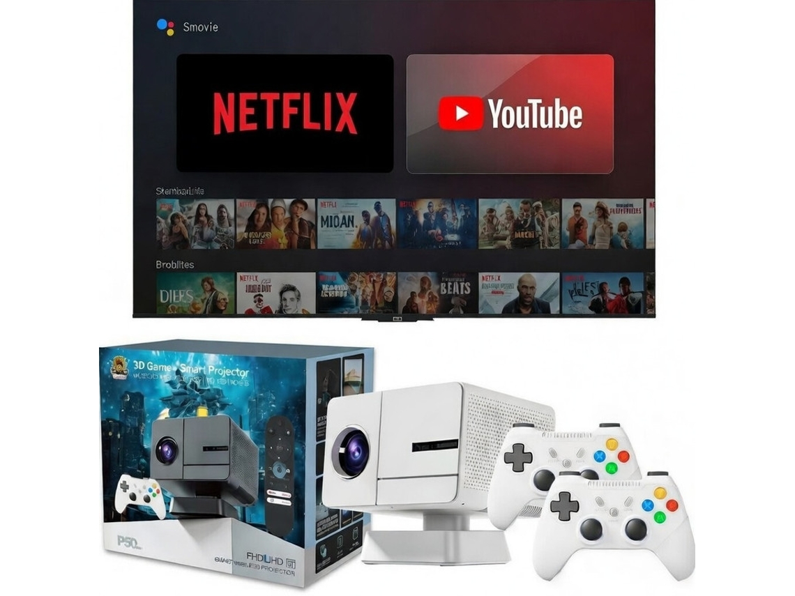 Proyector inteligente Szsmart P50m, 1080p nativo, 800 ANSI, Android 14, enfoque automático, corrección trapezoidal, compatibilidad con 4K, con 2 almohadillas y 36 000 juegos retro