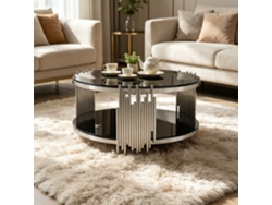 Mesa De Centro Doble De Cristal Negro Con Base Redonda Plateada, 80 Cm.
