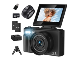 Cámara digital compacta SZSMART Cl08 con pantalla de 3 pulgadas, 5K, 75 MP, zoom 18x, lente gran angular y trípode, 2 baterías, 128 g, color negro