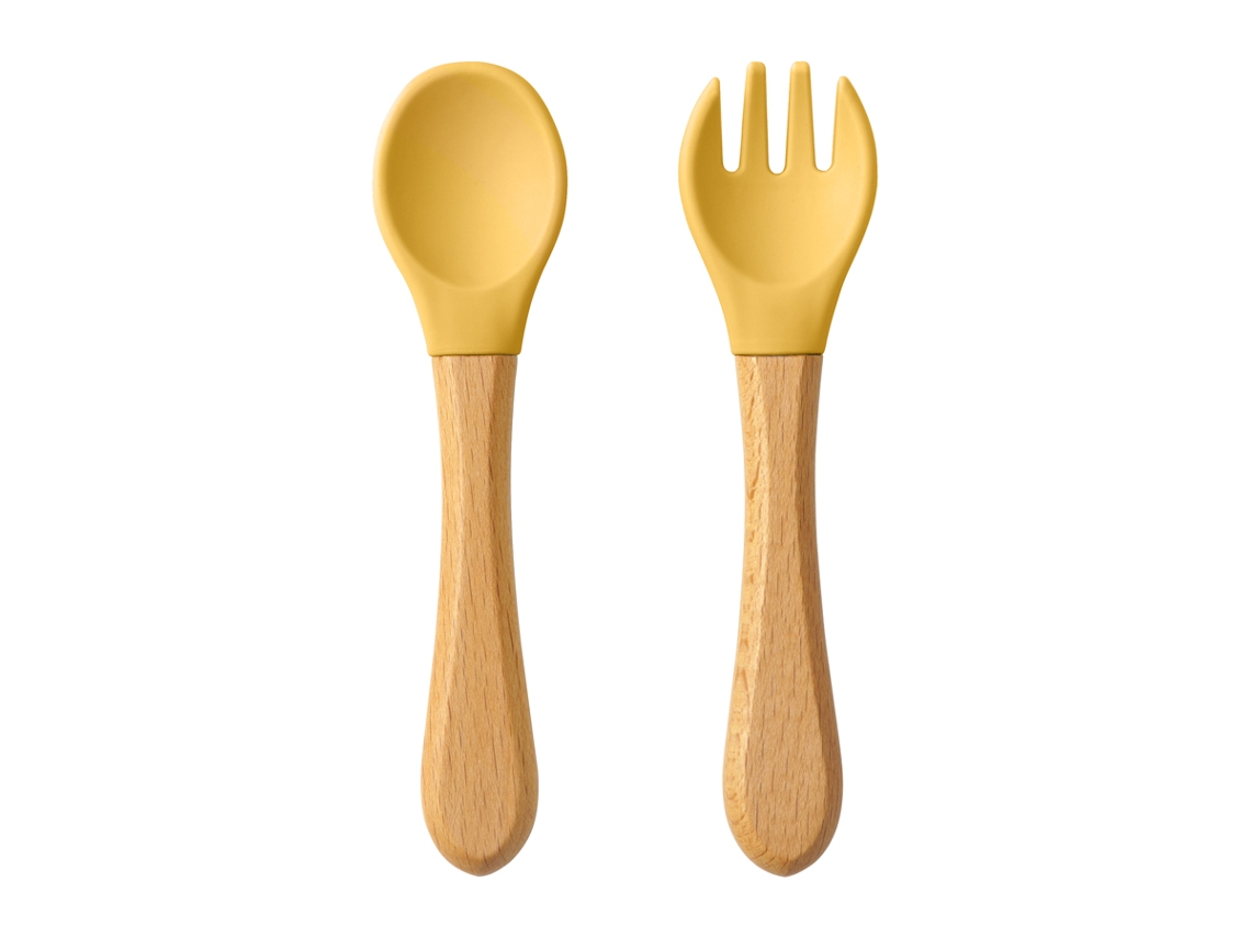 (color Wasabi) Juego De Dos Vajillas Para Bebé De Silicona Y Madera Con Mangos De Madera.
