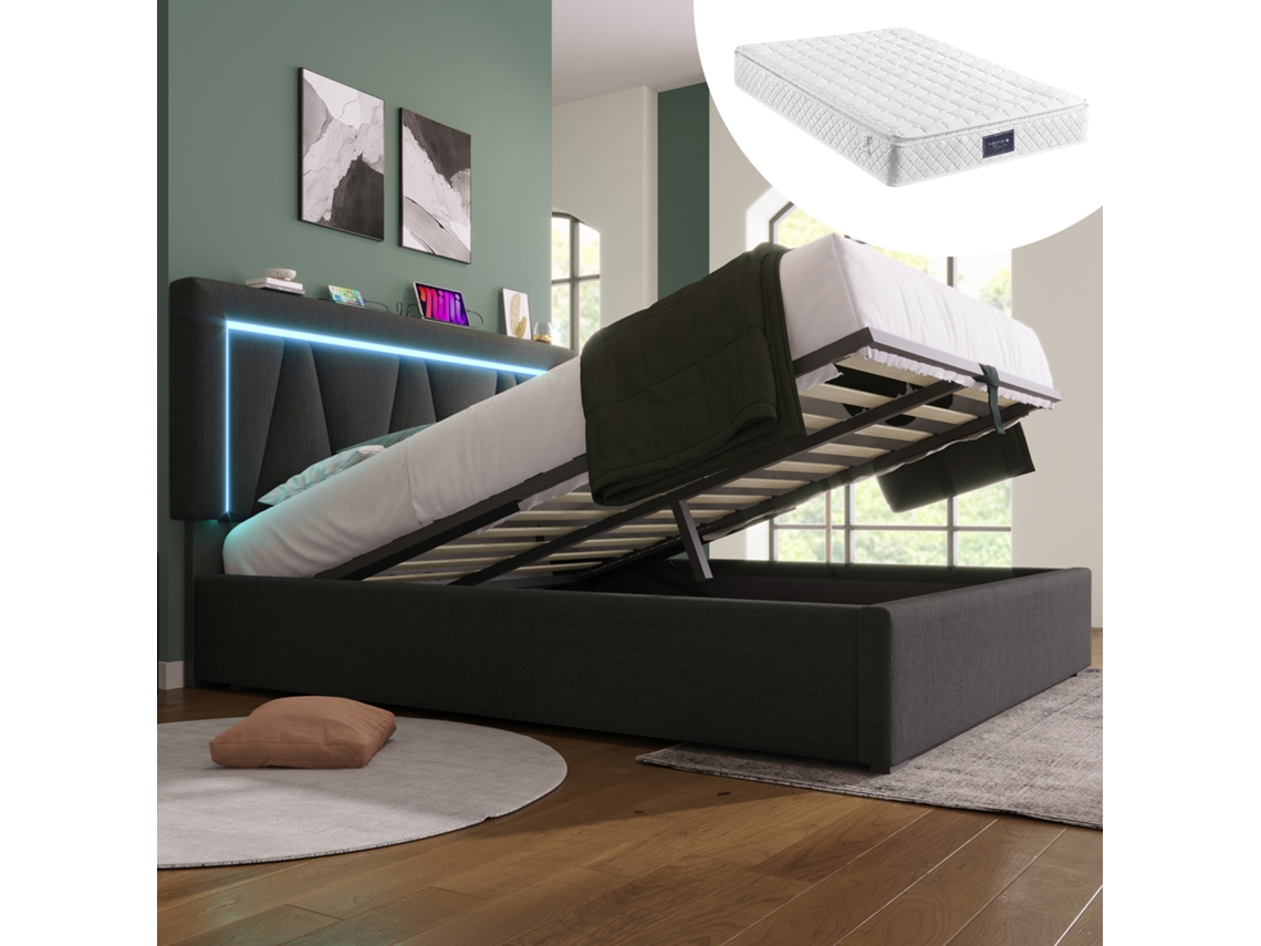 Cama Led De 140x200 Cm, Ropa De Cama, Usb-c, Cabecero, Almacenamiento, Colchón Incluido.