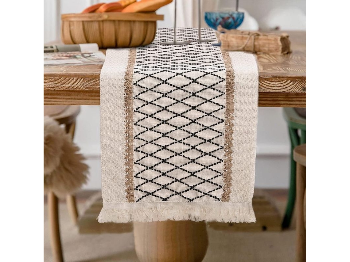 2026-runner De Mesa Boho Beige Con Borlas, Decoración De Mesa (12 X 71 Pulgadas, Argyle)
