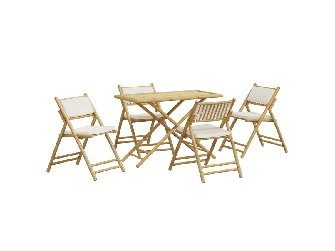 Juego de bistró plegable de 5 piezas con cojines de bambú blanco crema, Dkd Home Decor