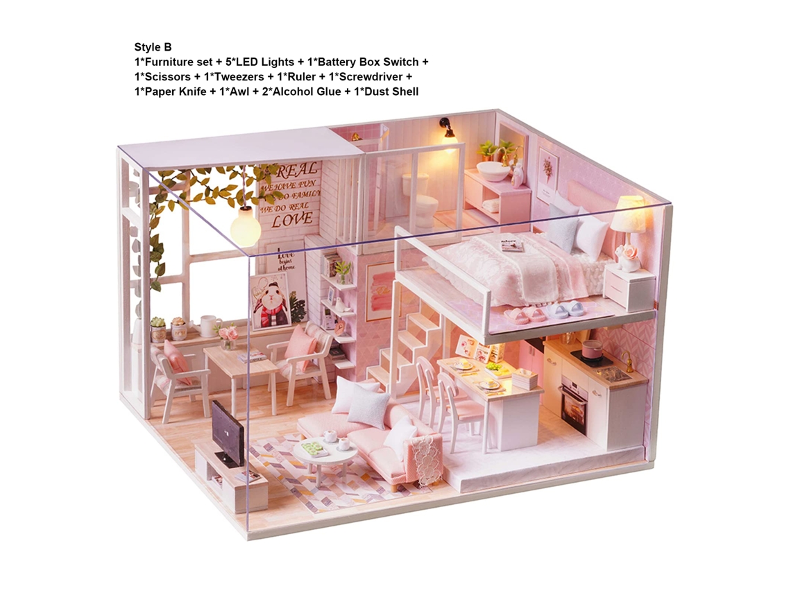Kit de casa de muñecas miniatura de madera con luces LED y muebles.