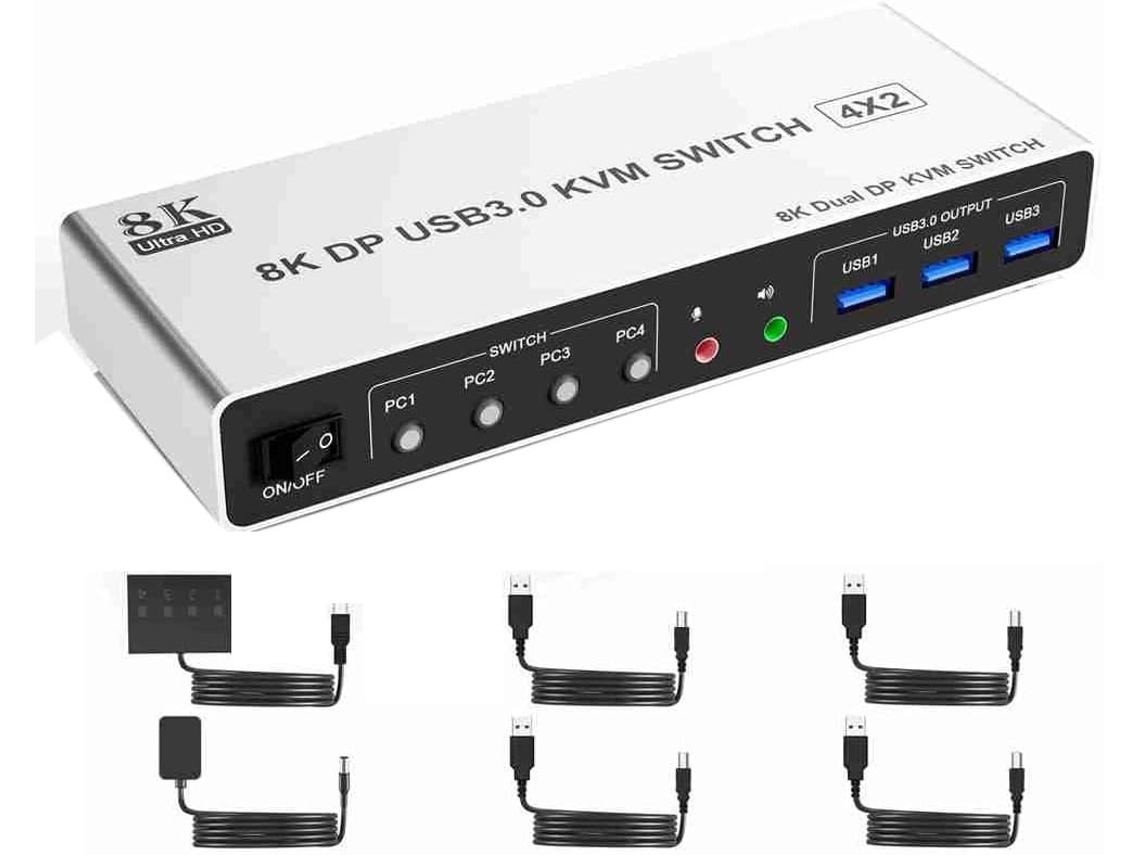 Conmutador Kvm Displayport Usb 3.0, 8k A 60 Hz, 2 Monitores, 4 Ordenadores