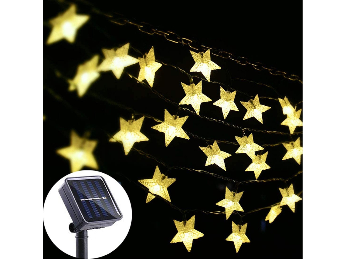Guirnalda de luces solares 2026 con efecto estrellado para jardín, patio y decoración navideña festiva.