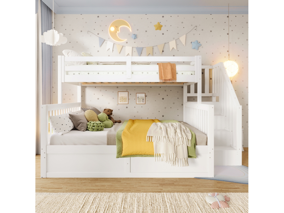 Litera Superpuesta Hidráulica 90x200 Y 140x200 Cm Con Escalera De Almacenaje Y Gran Baúl Bajo La Cama, Sin Colchón, Blanca