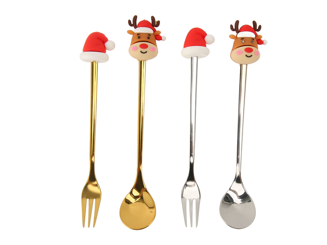 Juego de 4 piezas de cuchara y tenedor de acero inoxidable con diseño navideño de dibujos animados para el hogar y los viajes.