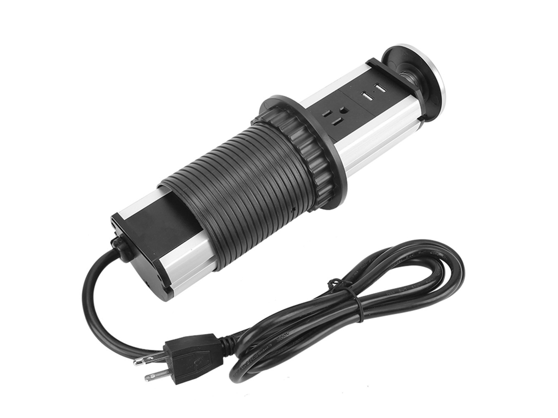 Enchufe Eléctrico Retráctil Plateado De 60 Mm Con 3 Tomas De Corriente, 2 Puertos Usb Y Estación De Carga Con Protección Contra Sobretensiones.